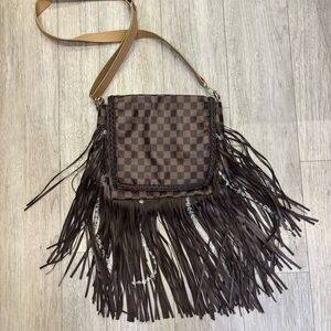 Brown Fringe Checkered Shoulder Bag